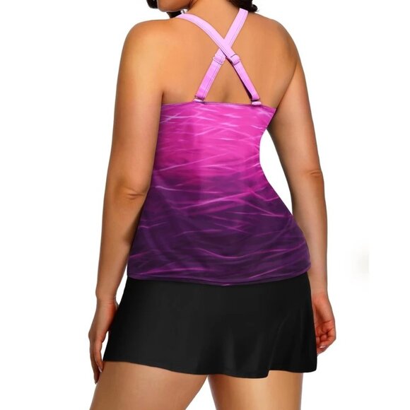 Yonique Plus Size 22W Swimsuit Tankini Skirt Set High Neck Three Keyhole Design - Picture 5 of 8